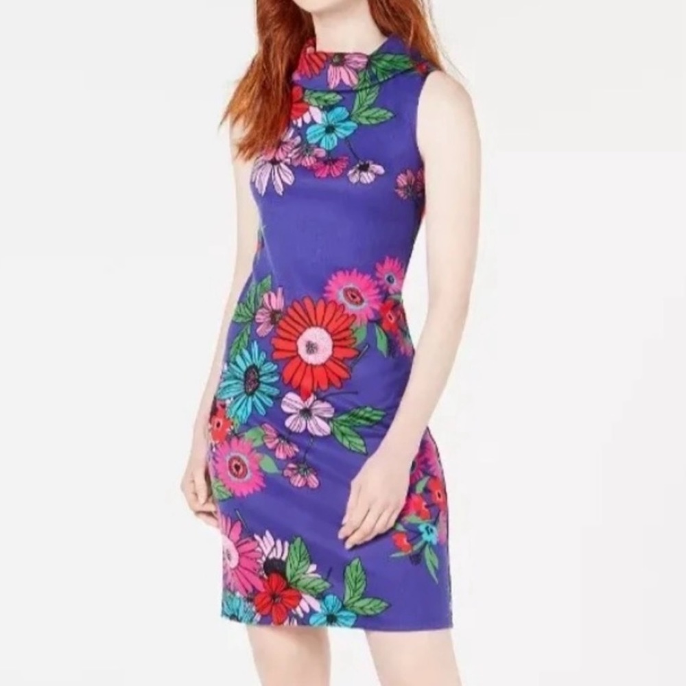 Trina Turk Purple Floral Mock Fold Collar Shift Dress